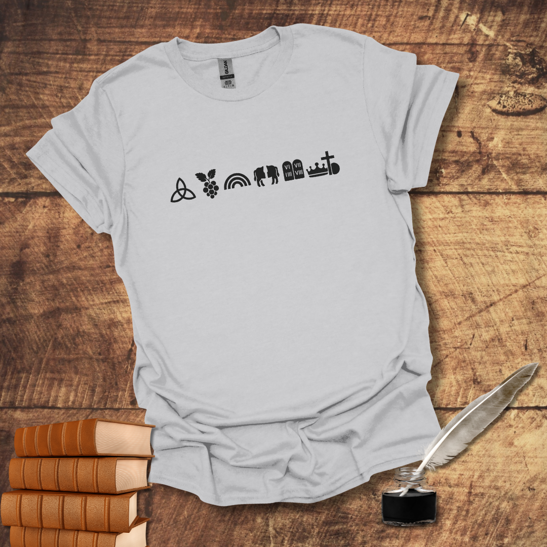 Covenant Symbols Tee: Eternal Trinitarian Covenant, Adamic, Noahic, Abrahamic, Mosaic, Davidic, New (Cross and Empty Tomb)