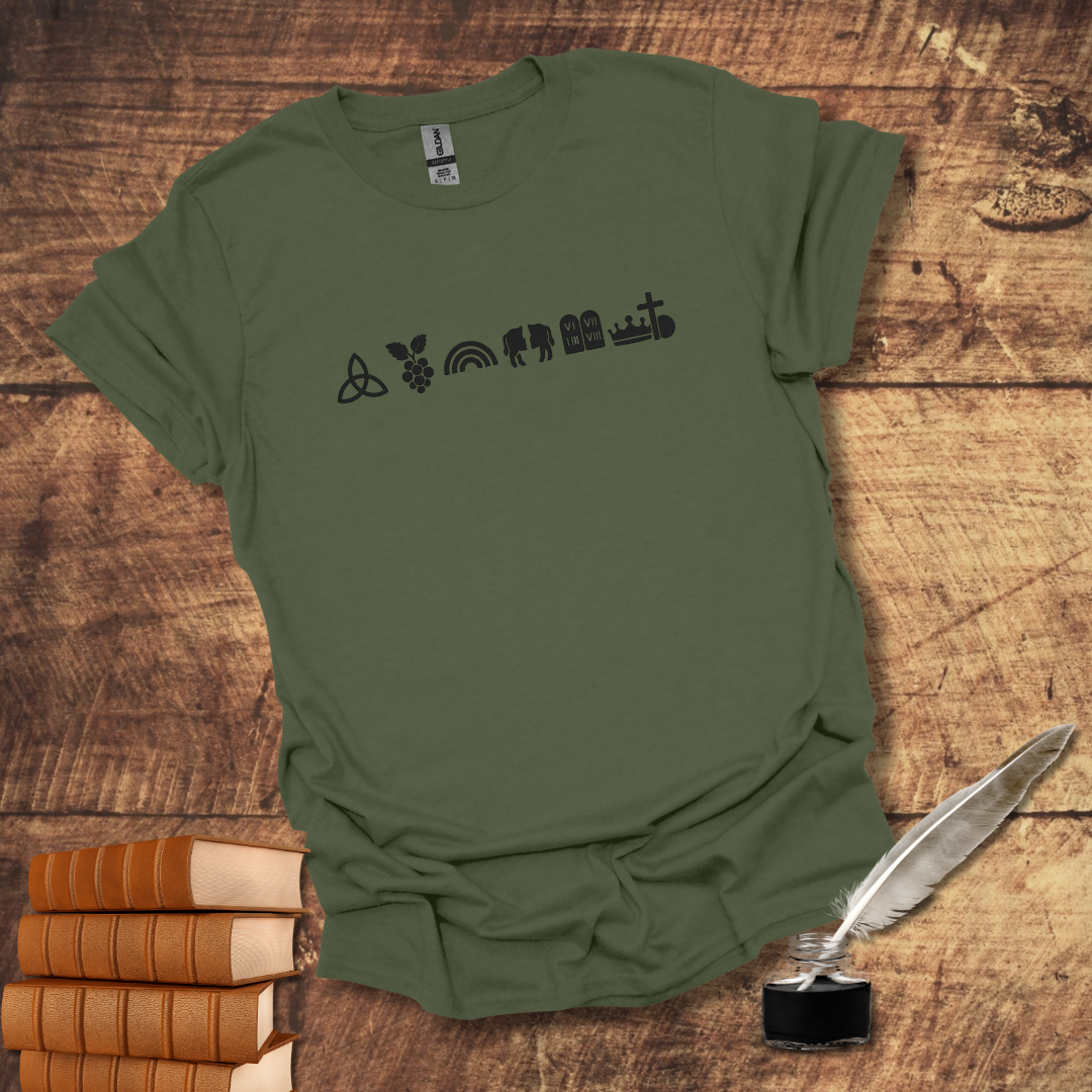 Covenant Symbols Tee: Eternal Trinitarian Covenant, Adamic, Noahic, Abrahamic, Mosaic, Davidic, New (Cross and Empty Tomb)